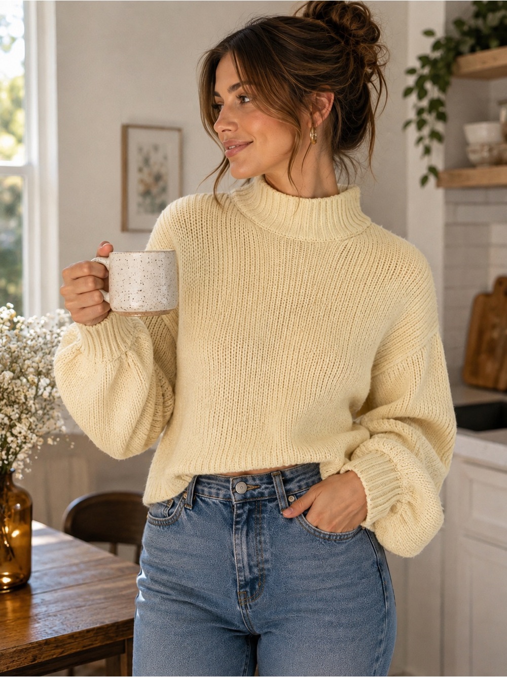 AERIE Yellow Chunky Ribbed Turtleneck Sweater